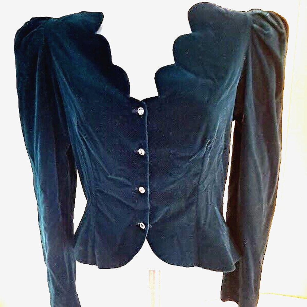 Vintage Velvet Jacket Teal Crystal Buttons Scalloped VNeck Edge Size 11/12 Y2K